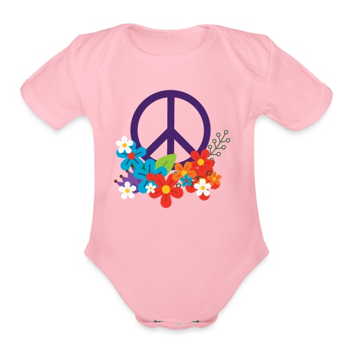 Hippie Peace Design With Flowers - Organic Short Sleeve Baby Bodysuit