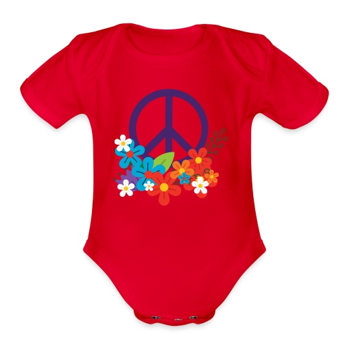 Hippie Peace Design With Flowers - Organic Short Sleeve Baby Bodysuit