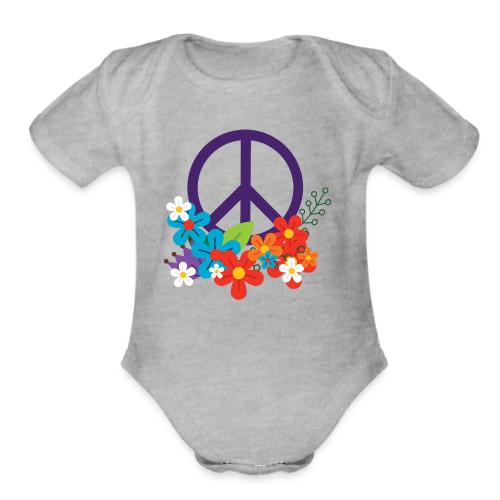 Hippie Peace Design With Flowers - Organic Short Sleeve Baby Bodysuit