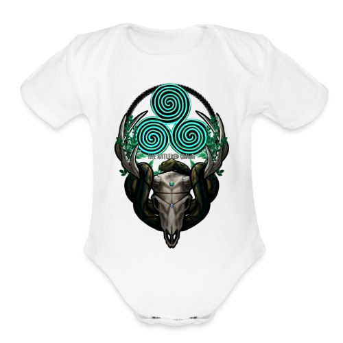 The Antlered Crown (White Text) - Organic Short Sleeve Baby Bodysuit
