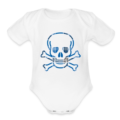 Skull & Cross Bones Blue Plaid - Organic Short Sleeve Baby Bodysuit