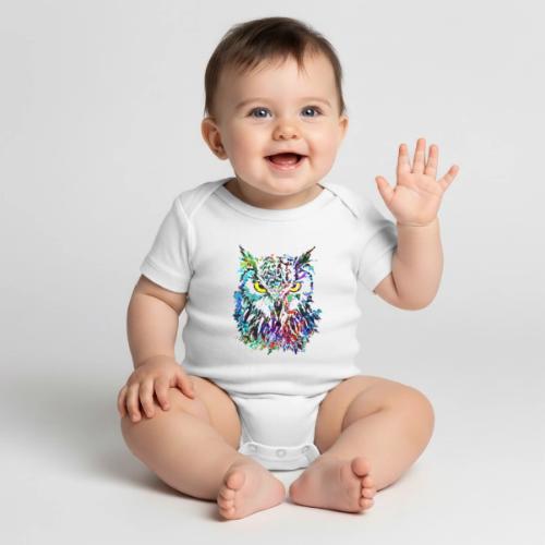 Colorful Owl - Owlet Head Drawing - Organic Short Sleeve Baby Bodysuit