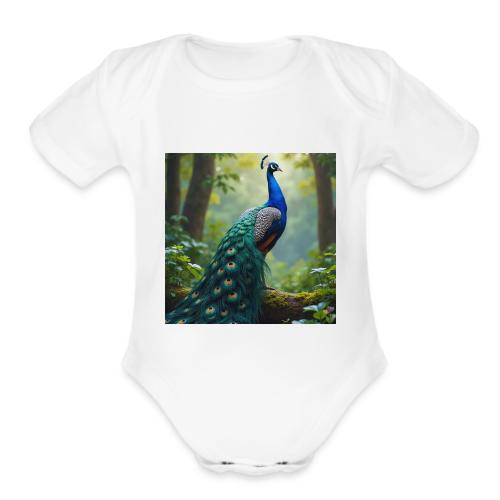 Majestic Peacock in Enchanted Forest - Organic Short Sleeve Baby Bodysuit