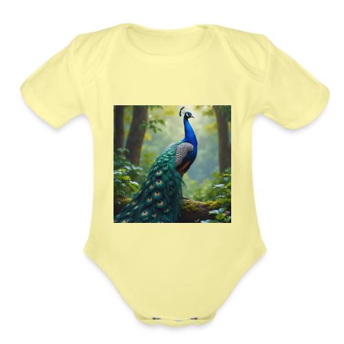 Majestic Peacock in Enchanted Forest - Organic Short Sleeve Baby Bodysuit