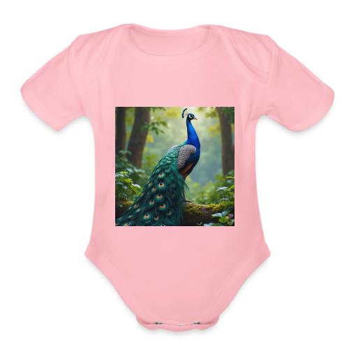 Majestic Peacock in Enchanted Forest - Organic Short Sleeve Baby Bodysuit