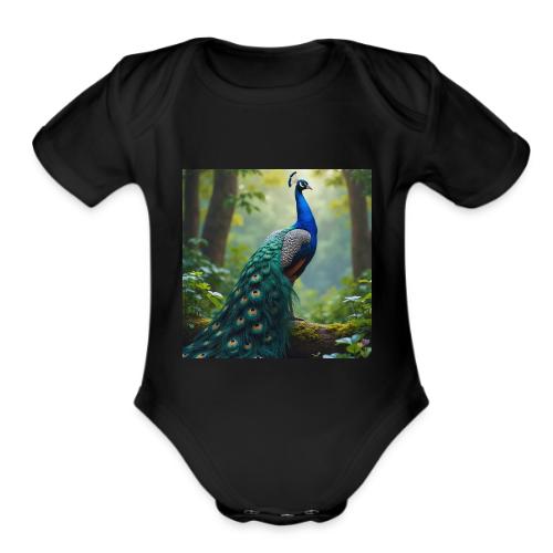 Majestic Peacock in Enchanted Forest - Organic Short Sleeve Baby Bodysuit