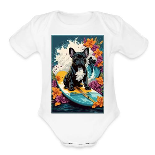 French Bulldog Surfing A Flower Wave - Organic Short Sleeve Baby Bodysuit