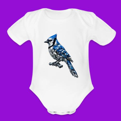 Silver Blue Jay on Perch + Flight Stages 2-print - Organic Short Sleeve Baby Bodysuit