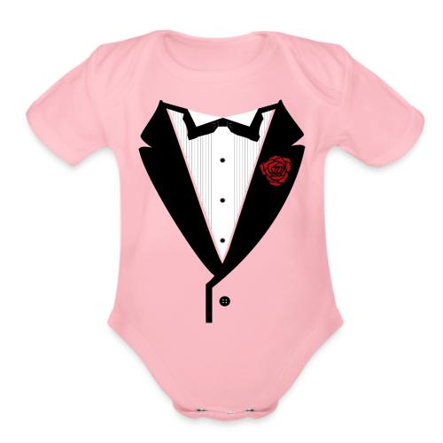 Tuxedo Shirt With Black Lapel And Bowtie - Organic Short Sleeve Baby Bodysuit