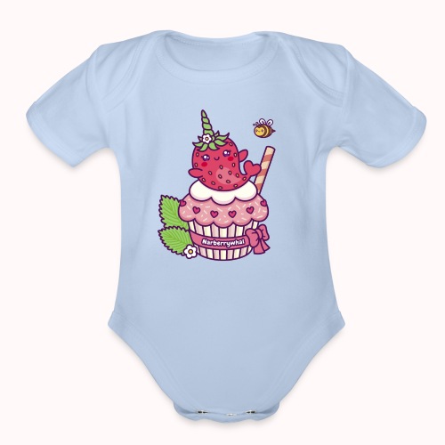 Pink Cupcake With Funny Strawberry Unicorn Whale - Organic Short Sleeve Baby Bodysuit