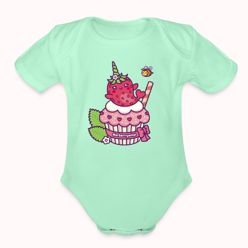 Pink Cupcake With Funny Strawberry Unicorn Whale - Organic Short Sleeve Baby Bodysuit