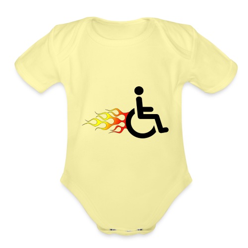 Wheelchair with flames, wheelchair humor, rollers - Organic Short Sleeve Baby Bodysuit