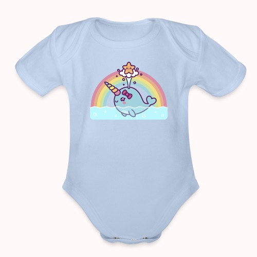 Cute Spouting Narwhal Girl With Happy Starfish - Organic Short Sleeve Baby Bodysuit