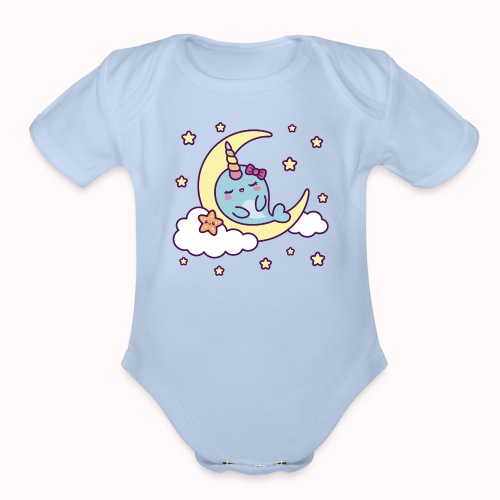 Half Moon And Stars - Cute Sleeping Narwhal Girl - Organic Short Sleeve Baby Bodysuit