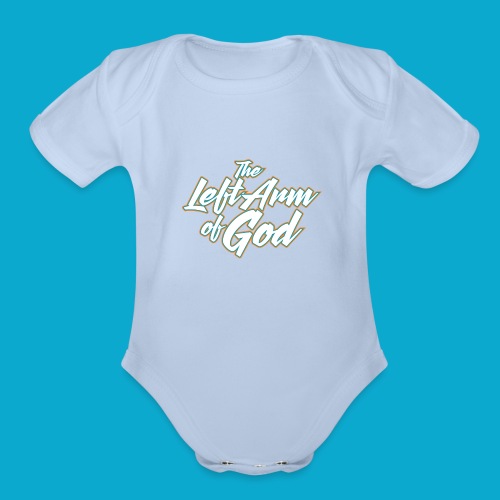 Left Arm Of God Text Stacked all colors - Organic Short Sleeve Baby Bodysuit