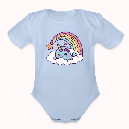 Narwhal Girl Dreams On Cloud With Rainbow - Organic Short Sleeve Baby Bodysuit