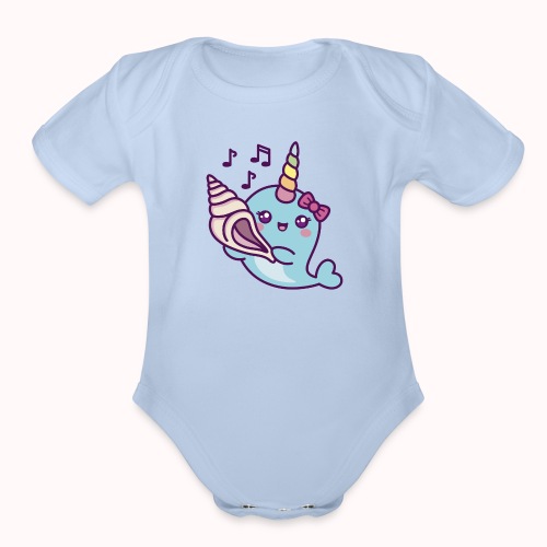 Little Narwhal Listening To A Conch Shell - Organic Short Sleeve Baby Bodysuit