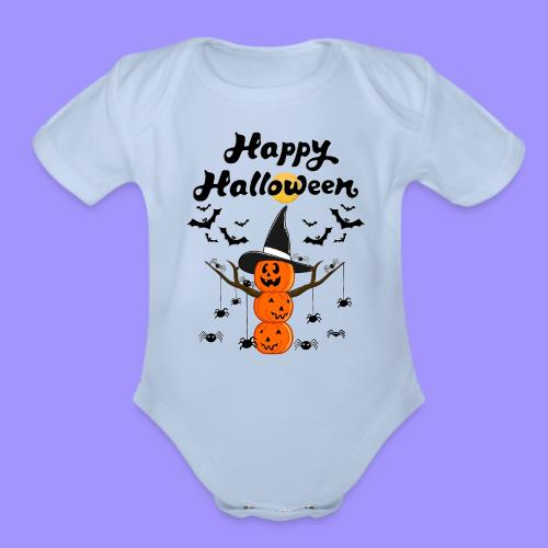 Pumpkin Snowman | Happy Halloween Tree and Spiders - Organic Short Sleeve Baby Bodysuit