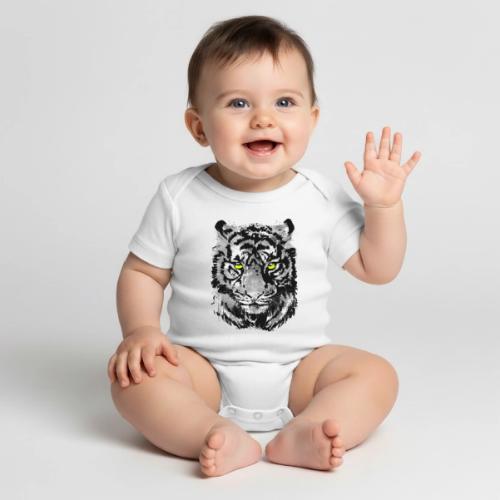 Gray Tiger Head Drawing - Black and white Tiger - Organic Short Sleeve Baby Bodysuit