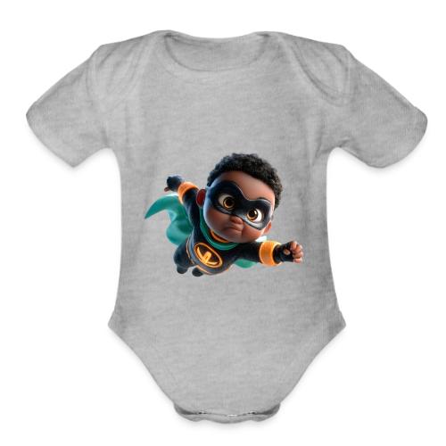 Brave Cartoon Superhero Boy in Green Cape - Organic Short Sleeve Baby Bodysuit