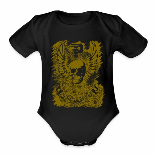 Cool OnePleasure Golden Skull Wings Roses Banner - Organic Short Sleeve Baby Bodysuit