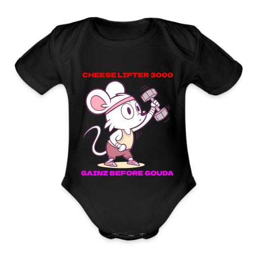 Cheese Lifter 3000 | Funny Gym Rat Mouse tshirt - Organic Short Sleeve Baby Bodysuit