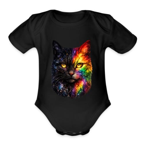 Cosmic Galaxy Rainbow Cat - Organic Short Sleeve Baby Bodysuit