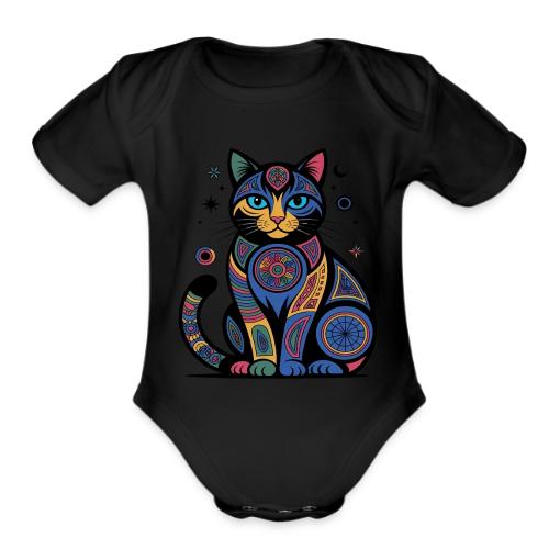Vibrant Geometric Cat Mandala - Organic Short Sleeve Baby Bodysuit