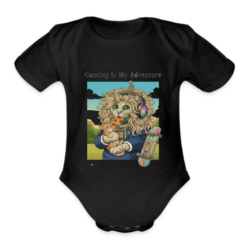Gaming Cat Adventure: Pizza & Skates - Organic Short Sleeve Baby Bodysuit