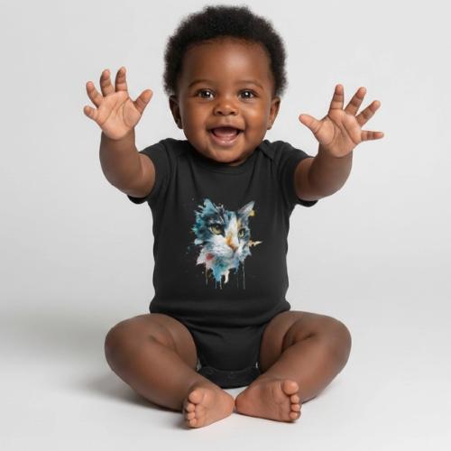 Watercolor cat face - Organic Short Sleeve Baby Bodysuit