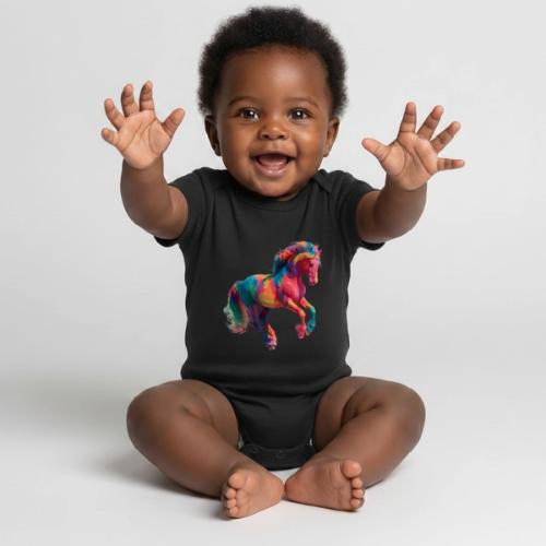 Colorful Paint Splatter Horse Art - Organic Short Sleeve Baby Bodysuit