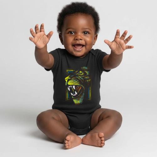 Colorful Artistic Lion Head - Roaring Lion Drawing - Organic Short Sleeve Baby Bodysuit