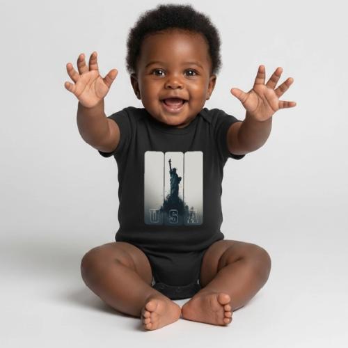 USA: Liberty Rising Over Manhattan - Organic Short Sleeve Baby Bodysuit