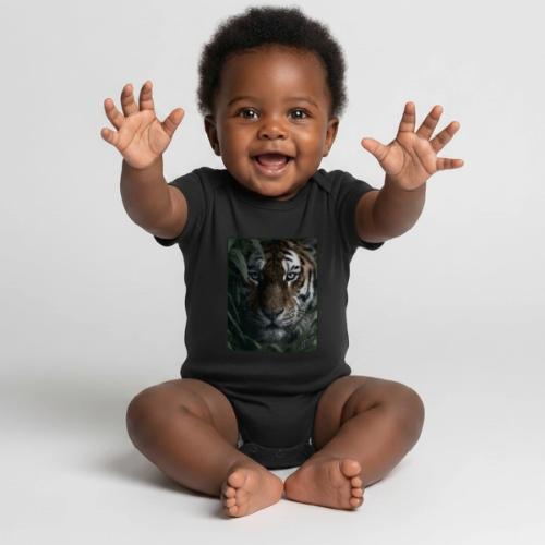 Tiger Jungle Eyes Wildlife Design - Organic Short Sleeve Baby Bodysuit