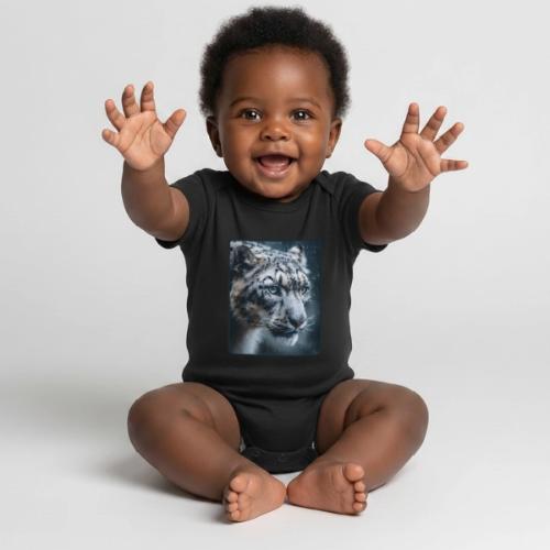 Snow Leopard Blue Eyes Design - Organic Short Sleeve Baby Bodysuit