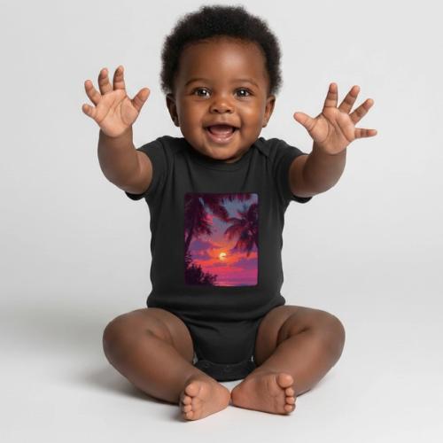 Tropical Sunset Palm Silhouette Design - Organic Short Sleeve Baby Bodysuit
