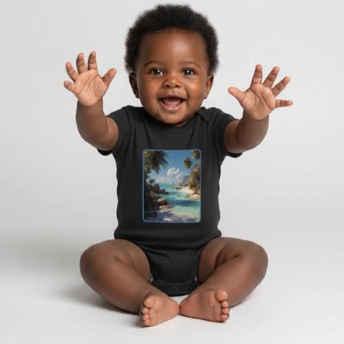 Tropical Island Paradise Ocean Design - Organic Short Sleeve Baby Bodysuit