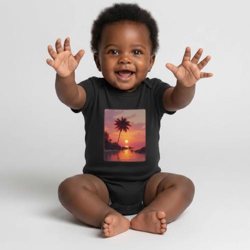 Tropical Beach Sunset Palm Design - Organic Short Sleeve Baby Bodysuit