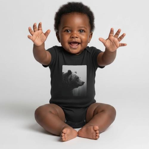 Grizzly Bear Black White Portrait Design - Organic Short Sleeve Baby Bodysuit