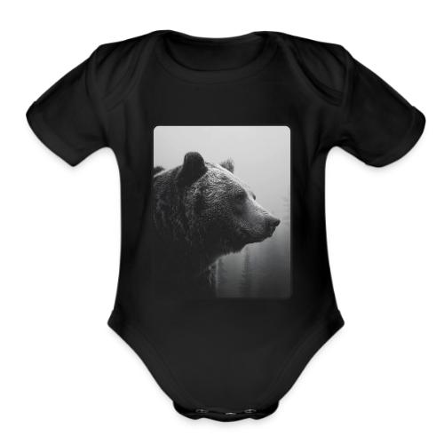 Grizzly Bear Black White Portrait Design - Organic Short Sleeve Baby Bodysuit