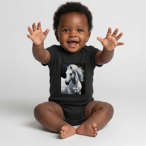 White Horse Oil Painting Design - Organic Short Sleeve Baby Bodysuit