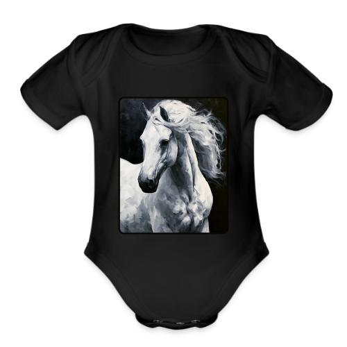 White Horse Oil Painting Design - Organic Short Sleeve Baby Bodysuit