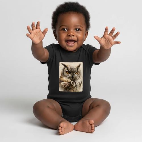Great Horned Owl Watercolor Design - Organic Short Sleeve Baby Bodysuit