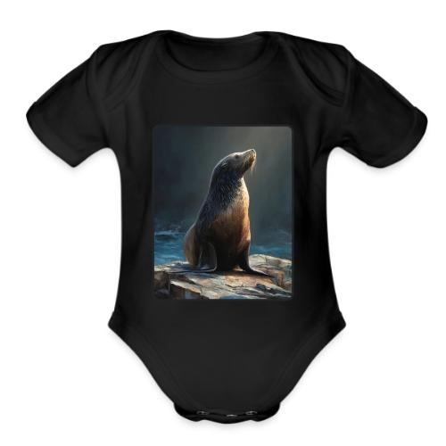 Fur Seal Artistic Shore Portrait Design - Organic Short Sleeve Baby Bodysuit