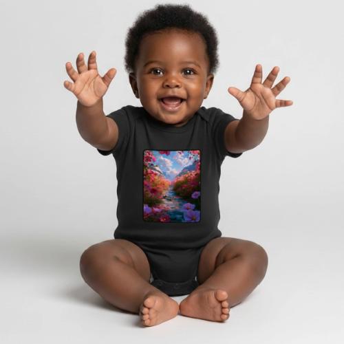 Dreamy Cosmos Valley Landscape Art - Organic Short Sleeve Baby Bodysuit