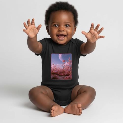 Cosmic Moon & Cosmos Flowers Art - Organic Short Sleeve Baby Bodysuit
