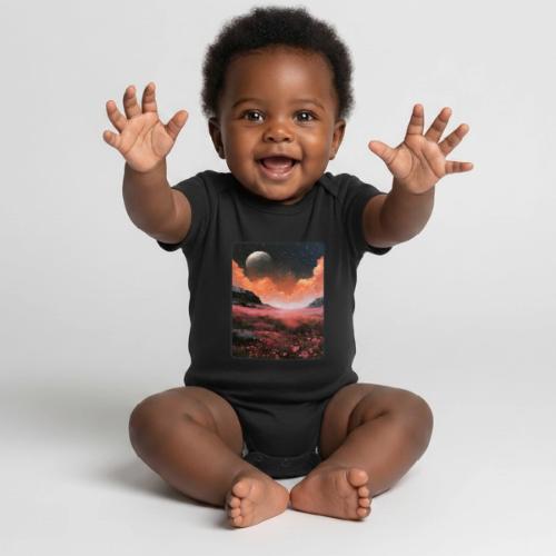 Moonlit Fantasy Flower Landscape - Organic Short Sleeve Baby Bodysuit