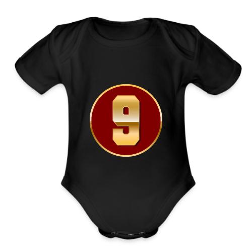 Number 9 in Gold Varsity Font - Organic Short Sleeve Baby Bodysuit