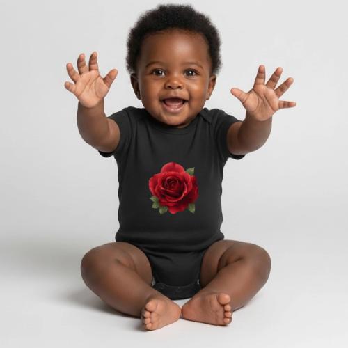 Rose: Crimson Bloom Elegance - Organic Short Sleeve Baby Bodysuit