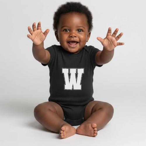 White Letter W – Varsity Alphabet Monogram - Organic Short Sleeve Baby Bodysuit